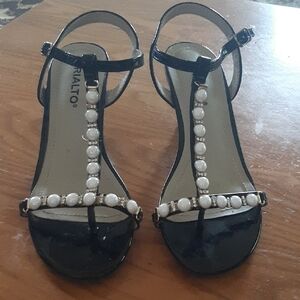 Rialto Glossy Black Sandals with White Bead Detail